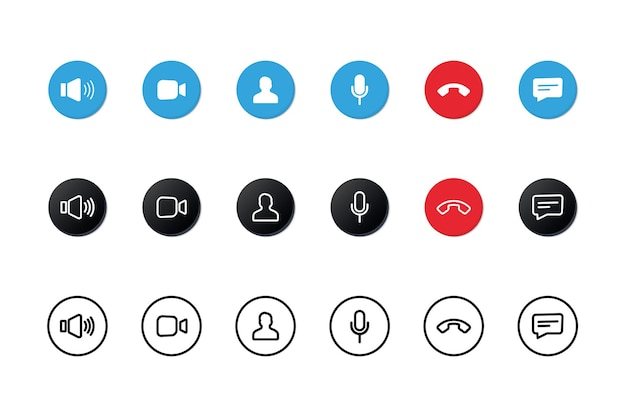 Set of Video call icons. Video conference. Collections buttons of on-line video chat app, internet talk, call technology. Web app ui display template. Videoconferencing and online meeting workspace