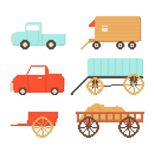 Set of village transport isolated on white background Vector illustration in pixel art style