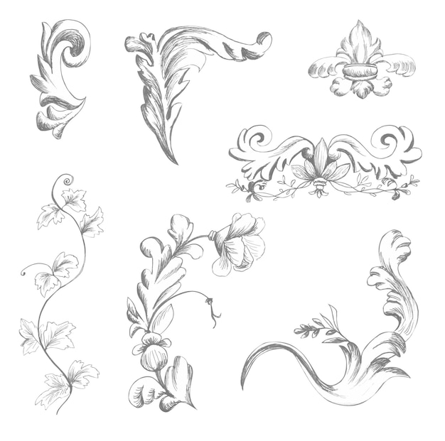 Set of vintage baroque elements drawn in pencil