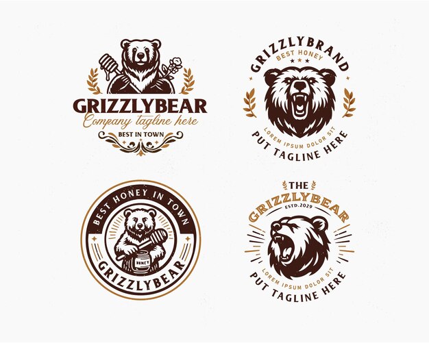 Vector set vintage bundle classic wild grizzly bear logo design for business company