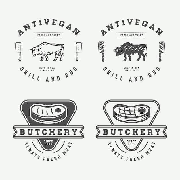 Set of vintage butchery meat steak or bbq logos emblems badges labels Graphic Art