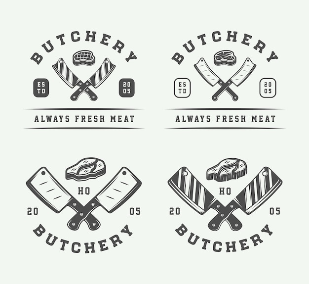 Set of vintage butchery meat steak or bbq logos emblems badges labels Monochrome GraphicIllustration