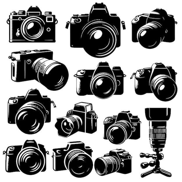 A set of vintage camera icon isolated on white background silhouette illustration camera clipart