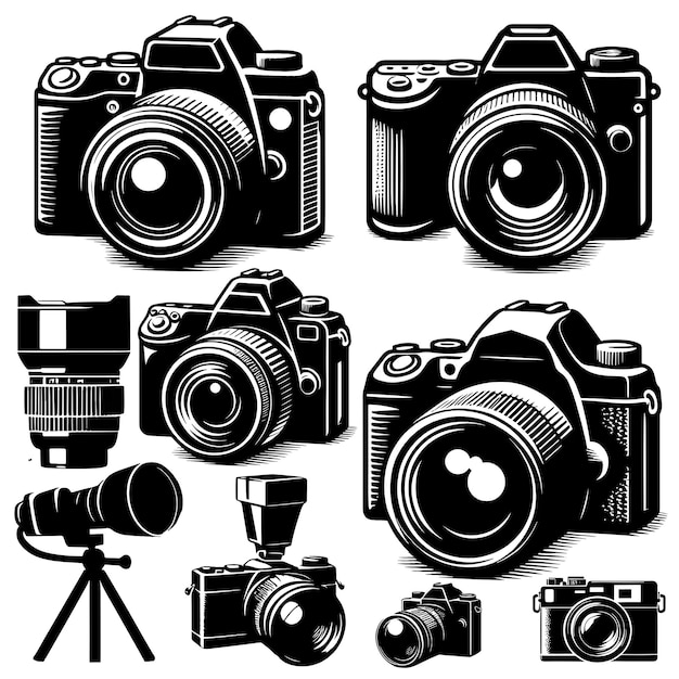 A set of vintage camera icon isolated on white background silhouette illustration camera clipart