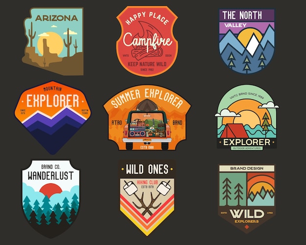 Set of vintage camping badges featuring various wildernessthemed designs including road trip mountains hiking and outdoor activities Stock vector travel labels