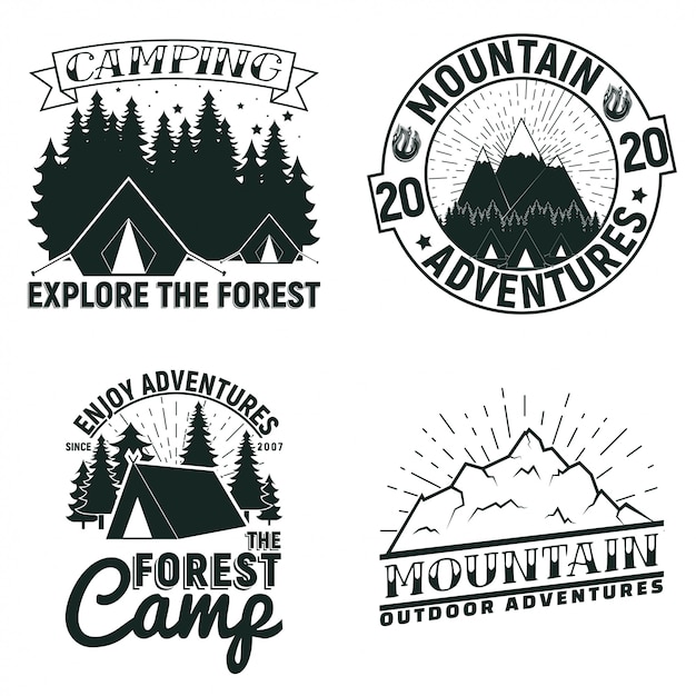 Set of Vintage camping or tourism logo designs,  grange print stamps, creative typography emblems, 