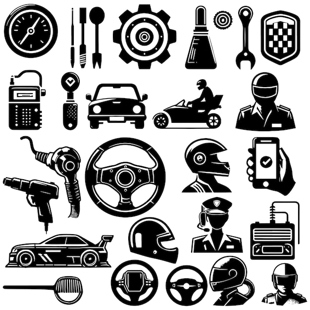 A set of vintage car essential icons isolated on a white background silhouette illustration car tool