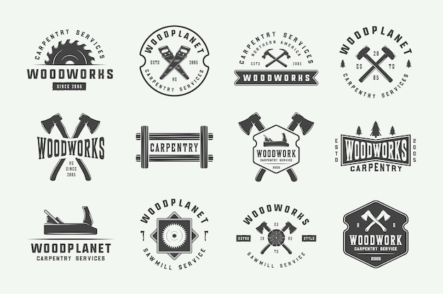 Set of vintage carpentry woodwork labels badges emblems and logo Vector illustration