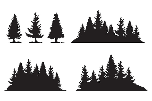 Set of vintage christmas tree and forest silhouette