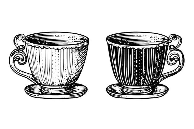 Vector set of vintage cups or mugs hand drawn ink sketch engraved style vector illustration