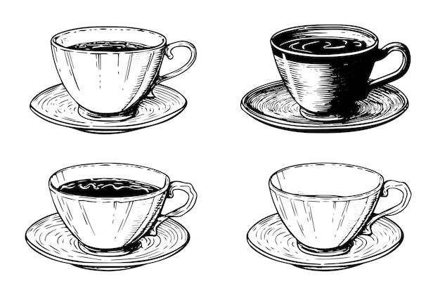 Vector set of vintage cups or mugs on a plate hand drawn ink sketch engraved style vector illustration