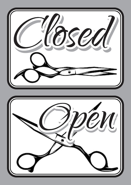 Set of vintage door signs for barber shop with scissors