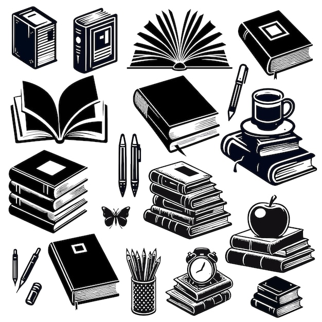 A set of vintage education elements books icon silhouette illustration book clipart