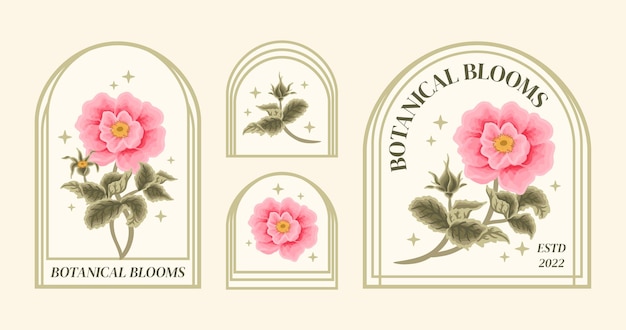 Set of vintage feminine beauty pastel pink rosa canina flower logo label elements with frame