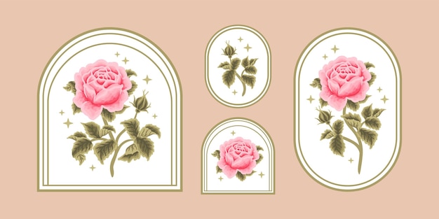 Set of vintage feminine beauty pastel pink rose floral logo and label elements with leaf branch