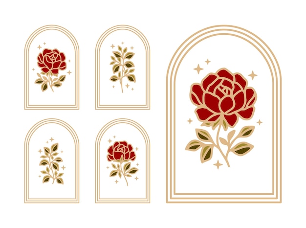 Set of vintage feminine beauty rose floral logo elements with frame