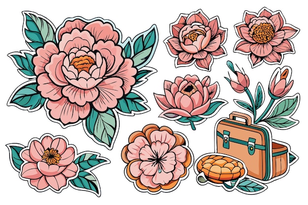 Vector set of vintage floral stickers with a turtle and suitcase