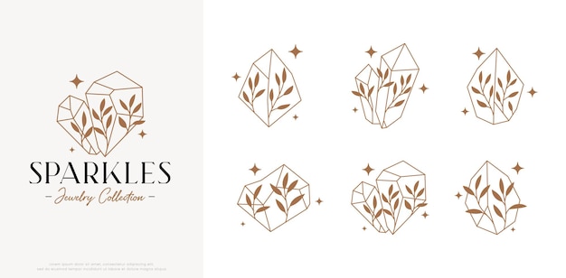 Set of vintage gemstone logo with foliage ornament design