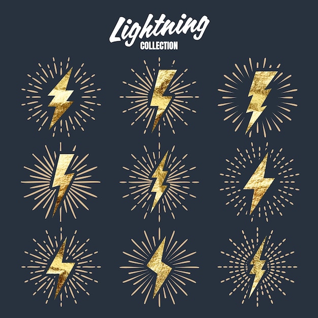 Vector set of vintage golden lightning bolts and sun rays gold foil texture lightnings with sunburst effect