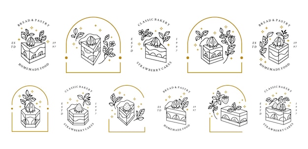 Set of vintage hand drawn cake, pastry, bakery logo elements