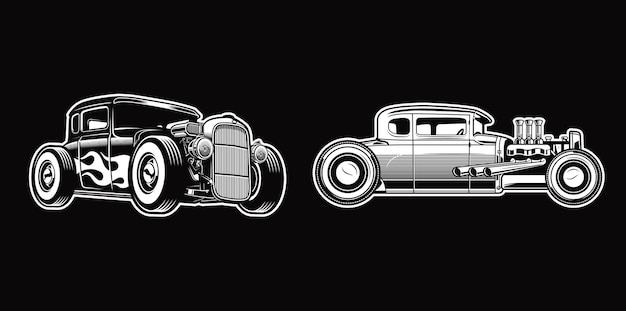 Set of vintage hotrod in monochrome retro style cars Premium Vector