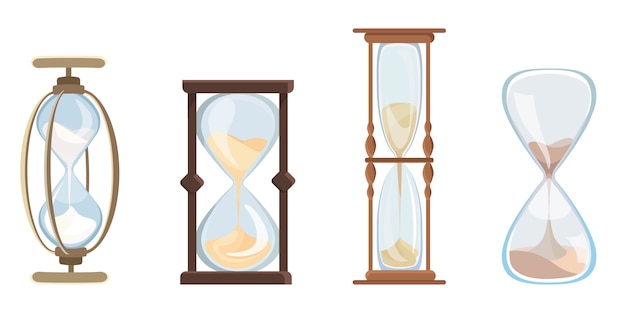 Set of vintage hourglass. Clock with flowing sand in cartoon style.