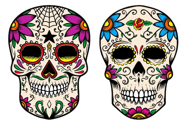 Set of vintage mexican sugar skull isolated on white background Design element for logo label sign poster Vector illustration