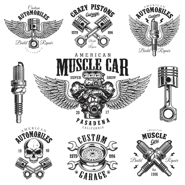 Set of vintage monochrome car repair emblems