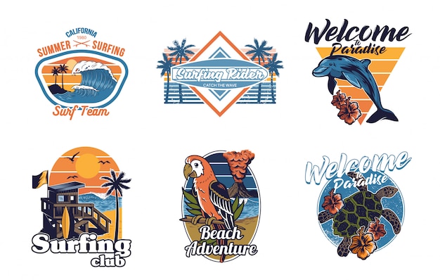 Set vintage print collection Summer Hawaii California paradise surfing retro icons logo with sea ocean animals wave view palms travel beach surfer for  t shirt sticker patch fashion illustration