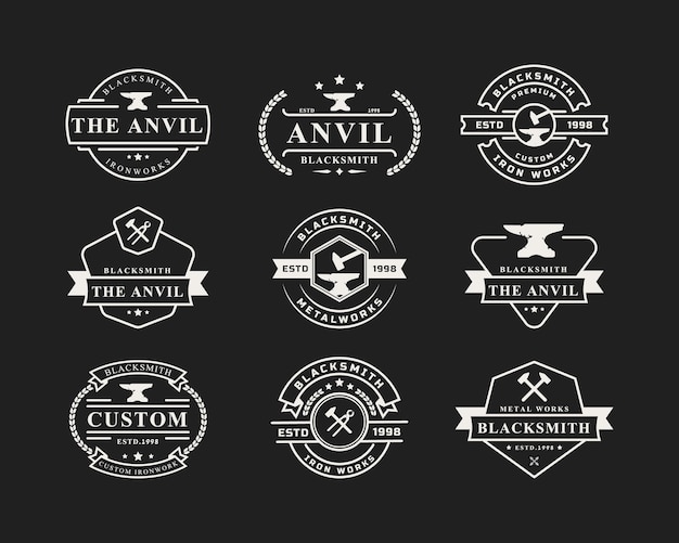 Set of Vintage Retro Badge Blacksmith Logos Emblems and Design Elements with Grunge Texture