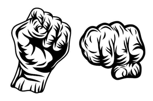 Set of Vintage retro human fist hands isolated  illustration on a white background.