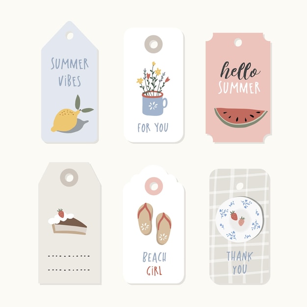 Set of vintage sale and gift tags labels Summer tropical design with watermelon lemon cake and strawberries Coffee mug with flowers Isolated vector objects flat design