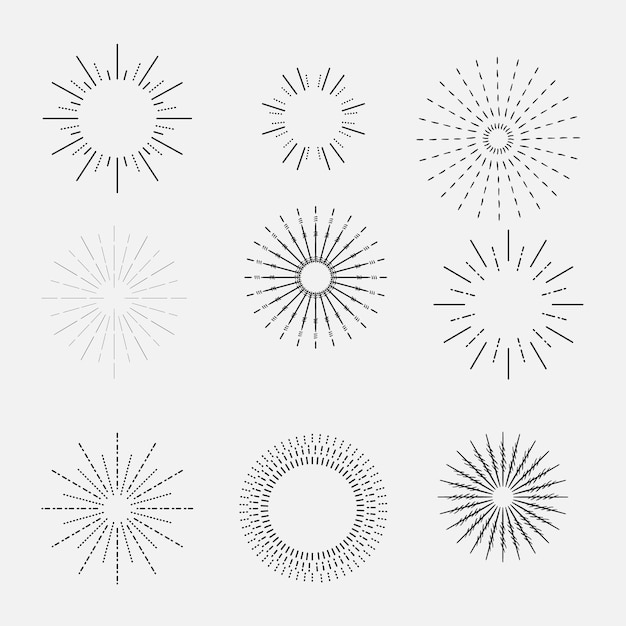 Vector set of vintage sunbursts in different shapes trendy hand drawn retro bursting rays design elements