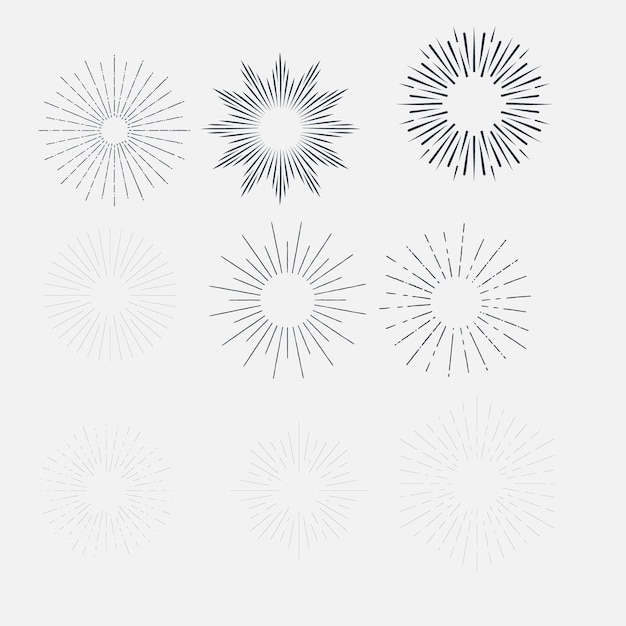 Vector set of vintage sunbursts in different shapes trendy hand drawn retro bursting rays design elements