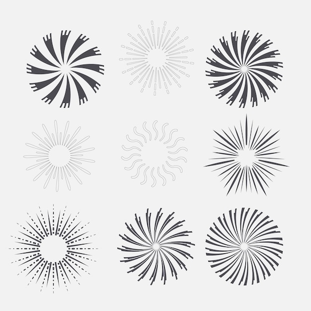 Vector set of vintage sunbursts in different shapes trendy hand drawn retro bursting rays design elements