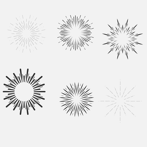 Vector set of vintage sunbursts in different shapes trendy hand drawn retro bursting rays design elements