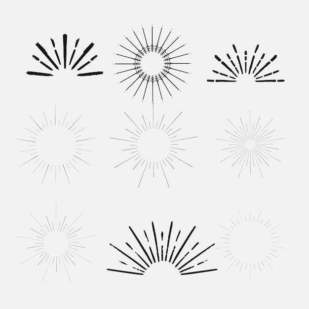 Vector set of vintage sunbursts in different shapes trendy hand drawn retro bursting rays design elements