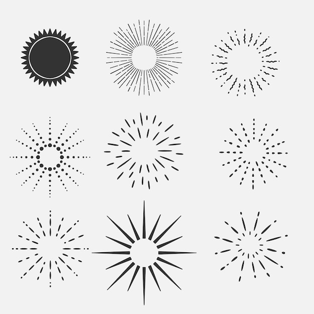 Vector set of vintage sunbursts in different shapes trendy hand drawn retro bursting rays design elements