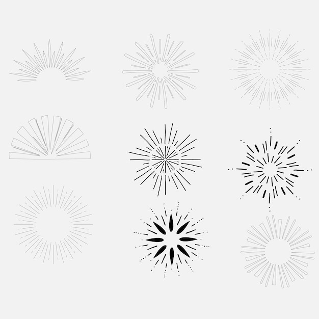 Vector set of vintage sunbursts in different shapes trendy hand drawn retro bursting rays design elements