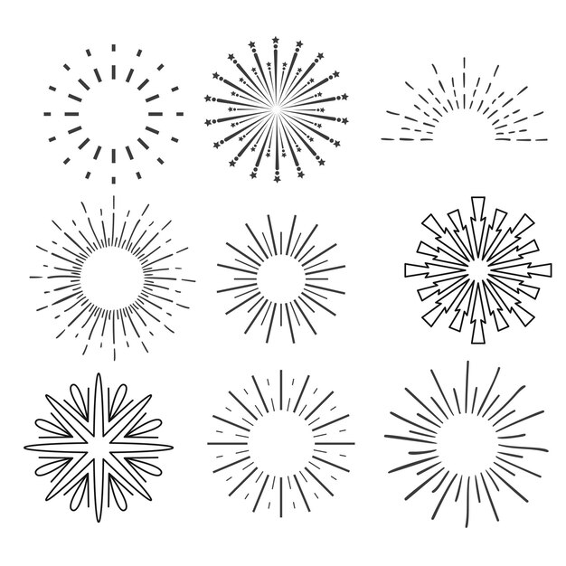 Vector set of vintage sunbursts in different shapes trendy hand drawn retro bursting rays design elements