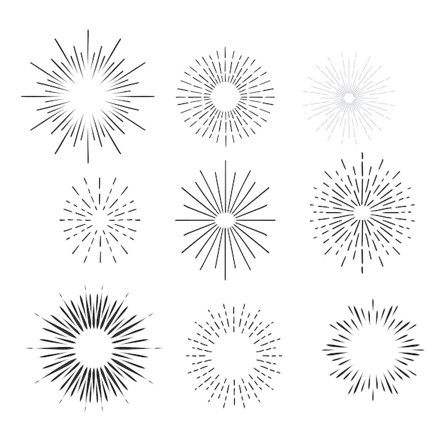 Vector set of vintage sunbursts in different shapes trendy hand drawn retro bursting rays design elements