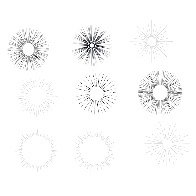 Vector set of vintage sunbursts in different shapes trendy hand drawn retro bursting rays design elements