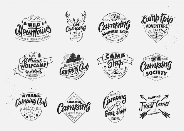 Set of vintage Wolfcamp and Camping, Camp shop, outdoor badges, templates on white background isolated.