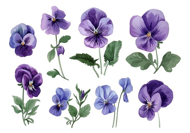 Vector set of violet pansy flowers and leaves branch seasonal summer spring illustration