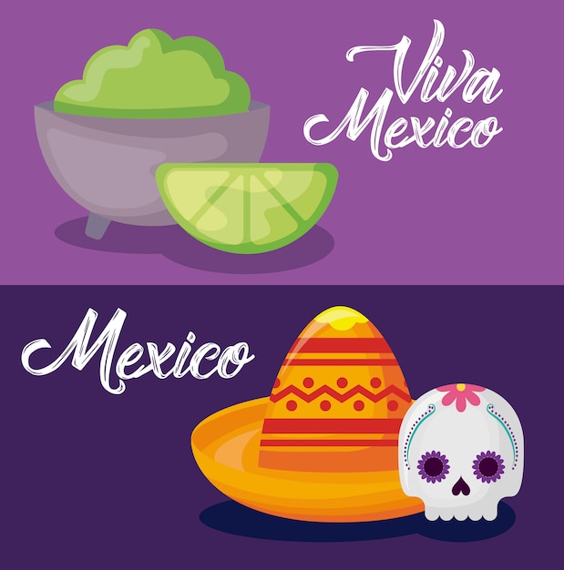 Set of viva mexico celebration with hat and icons