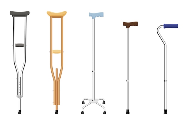 Set of walking sticks and crutches. Telescopic metal canes, wooden cane, cane with additional support, telescopic crutch, wooden crutch. Medical devices. Vector flat illustration