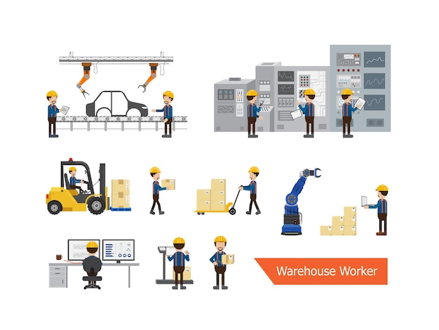 Set of warehouse worker character vector illustration