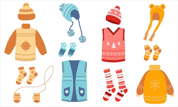 Set of warm winter clothes design Winter accessories cartoon vector illustration