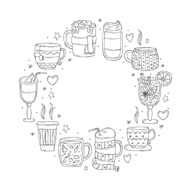 Set of a warming winter drinks on a white background Vector illustration in doodle style Winter mood Hello 2023 Merry Christmas and Happy New Year