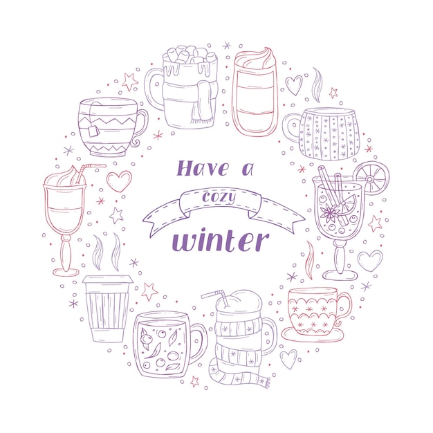 Set of a warming winter drinks on a white background Vector illustration in doodle style Winter mood Hello 2023 Merry Christmas and Happy New Year